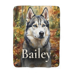Personalized Siberian Husky sherpa fleece blanket, watercolor-style portrait with the dog's name across the lower part