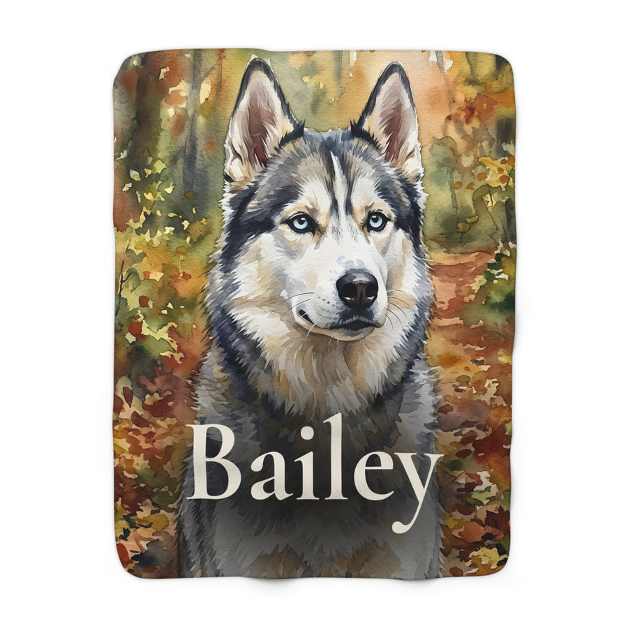 Personalized Siberian Husky sherpa fleece blanket, watercolor-style portrait with the dog's name across the lower part