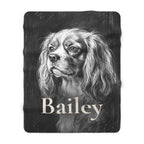Personalized Cavalier King Charles Spaniel sherpa fleece blanket, charcoal-style portrait with the dog's name across the lower part