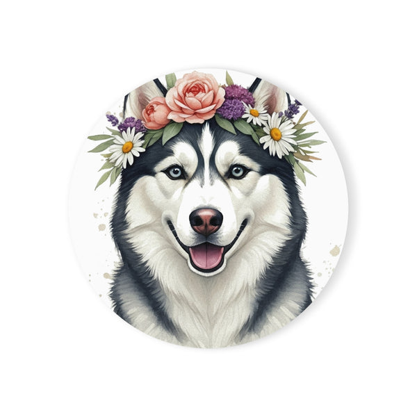 Siberian Husky Watercolor Floral Crown Drink Coaster | Premium Dog Prints | Tritan