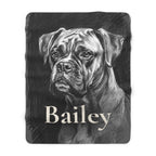 Personalized Boxer sherpa fleece blanket, charcoal-style portrait with the dog's name across the lower part