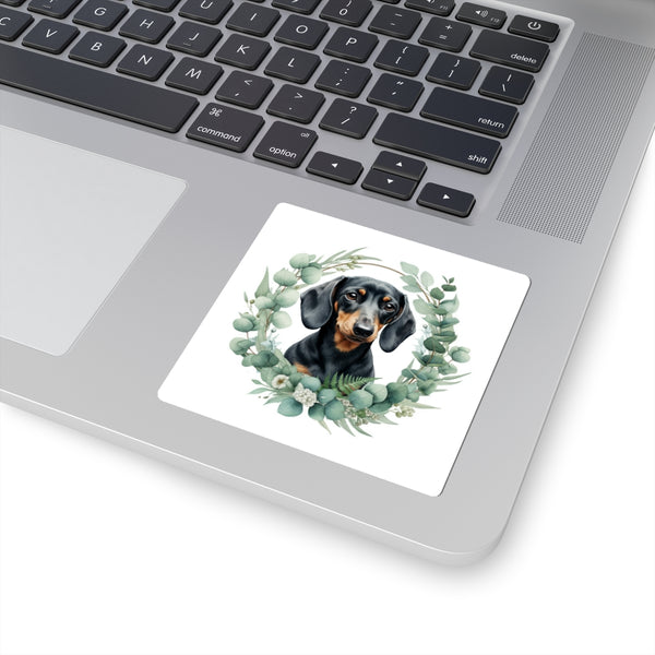 Dachshund Watercolor Botanical Wreath Kiss-Cut Stickers | Premium Dog Prints | Tritan — Lifestyle View