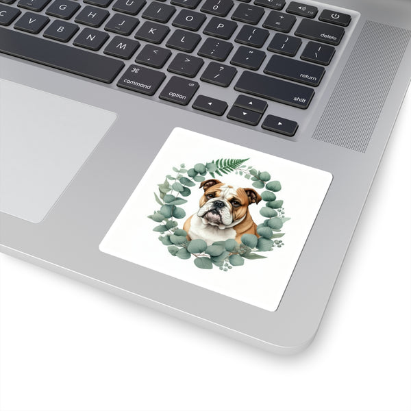 English Bulldog Watercolor Botanical Wreath Kiss-Cut Stickers | Premium Dog Prints | Tritan — Lifestyle View