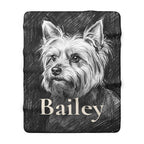 Personalized Yorkshire Terrier sherpa fleece blanket, charcoal-style portrait with the dog's name across the lower part