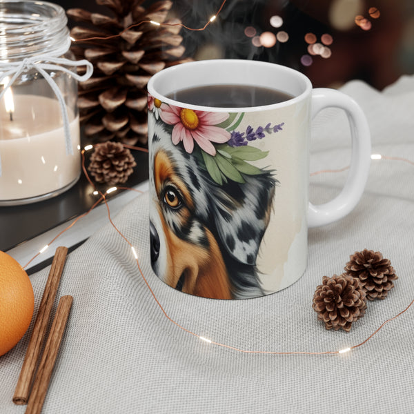 Australian Shepherd Watercolor Floral Crown Coffee Mug | Premium Dog Prints | Tritan — Lifestyle View