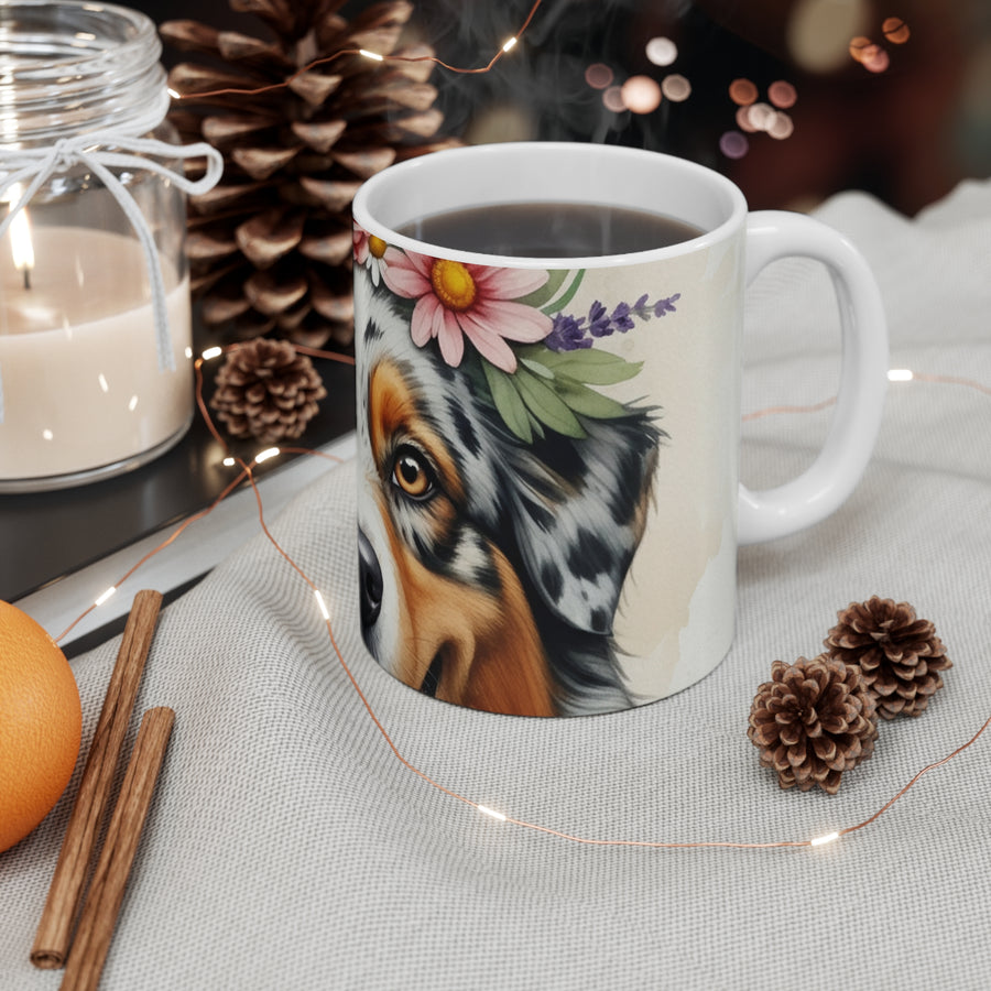 Australian Shepherd Watercolor Floral Crown Coffee Mug | Premium Dog Prints | Tritan — detail view