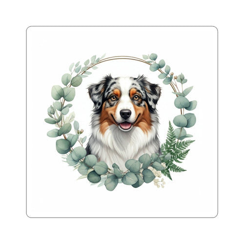 Australian Shepherd Watercolor Botanical Wreath Kiss-Cut Stickers | Premium Dog Prints | Tritan