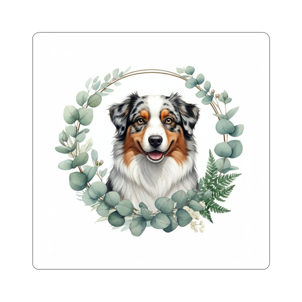 Australian Shepherd Watercolor Botanical Wreath Kiss-Cut Stickers | Premium Dog Prints | Tritan