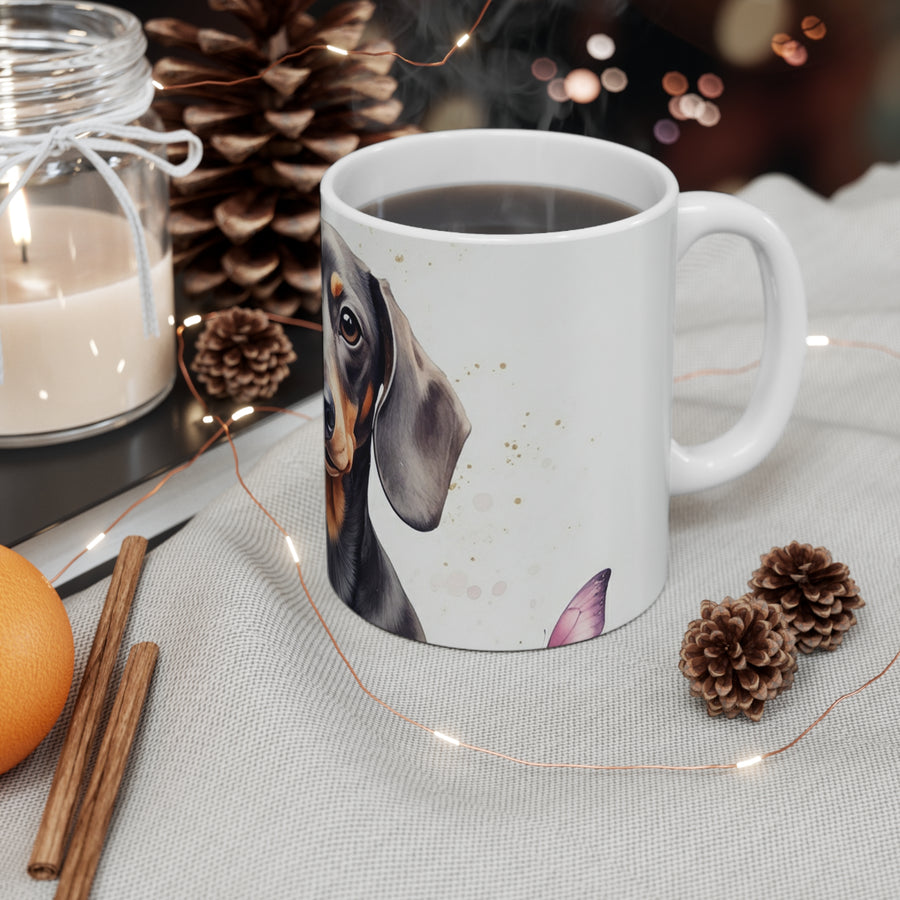 Dachshund Watercolor Butterfly Bloom Coffee Mug | Premium Dog Prints | Tritan — detail view