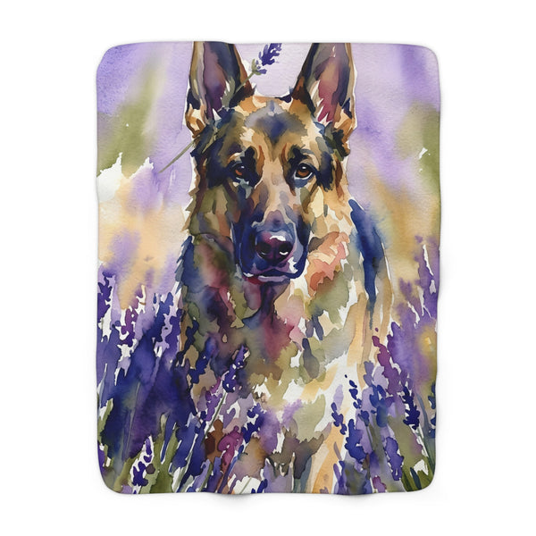 German Shepherd Watercolor Lavender Fields Sherpa Fleece Blanket | Dog Lover Gift