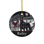 Front of the personalized Doberman Christmas ornament, ceramic, 2.9 inches, with the sample name Bailey