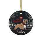Front of the personalized Boxer Christmas ornament, ceramic, 2.9 inches, with the sample name Bailey