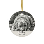Front of the personalized Labrador Retriever memorial ornament, ceramic, 2.9 inches, with the sample name Bailey