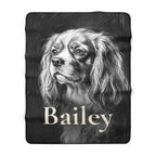 Personalized Cavalier King Charles Spaniel sherpa fleece blanket, charcoal-style portrait with the dog's name across the lower part
