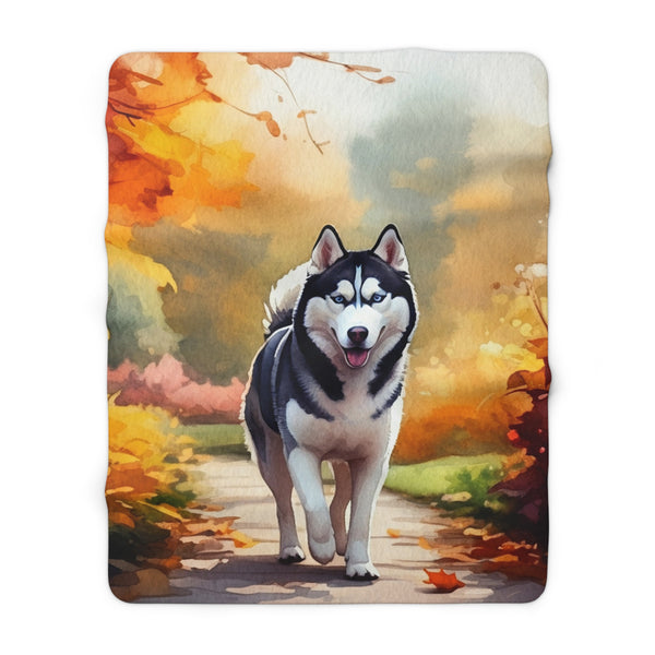 Siberian Husky Watercolor Autumn Path Throw Blanket | Premium Dog Prints | Tritan
