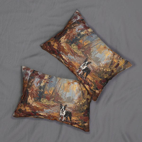 Boston Terrier Acrylic Painting Lumbar Pillow, Autumn Woods Dog Art Gift, Pet Home Decor — primary view