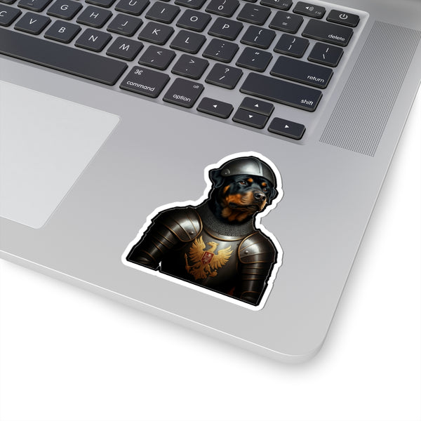 Rottweiler Medieval Knight Portrait Sticker, Dog Portrait Vinyl Decal, Kiss-Cut Sticker, Rottweiler Lover Gift — Lifestyle View