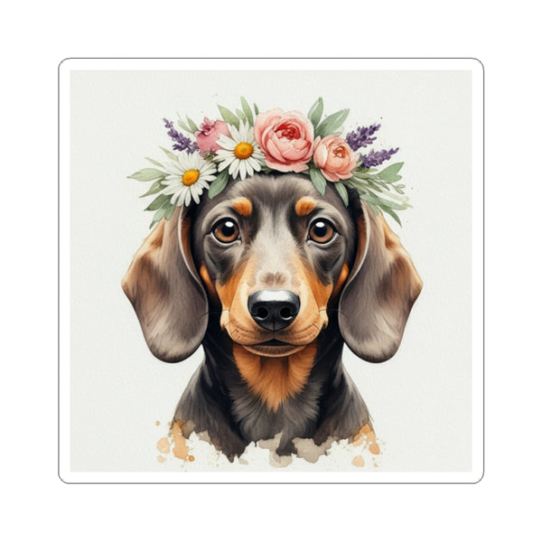 Dachshund Watercolor Floral Crown Kiss-Cut Stickers | Premium Dog Prints | Tritan