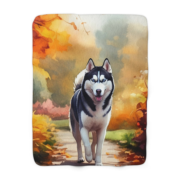 Siberian Husky Watercolor Autumn Path Throw Blanket | Premium Dog Prints | Tritan