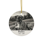 Front of the personalized Boxer memorial ornament, ceramic, 2.9 inches, with the sample name Bailey