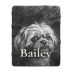 Personalized Shih Tzu sherpa fleece blanket, charcoal-style portrait with the dog's name across the lower part