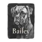 Personalized Boxer sherpa fleece blanket, charcoal-style portrait with the dog's name across the lower part