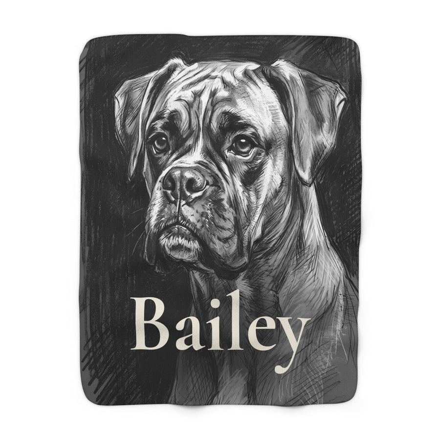 Personalized Boxer sherpa fleece blanket, charcoal-style portrait with the dog's name across the lower part