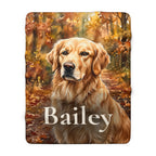 Personalized Golden Retriever sherpa fleece blanket, watercolor-style portrait with the dog's name across the lower part