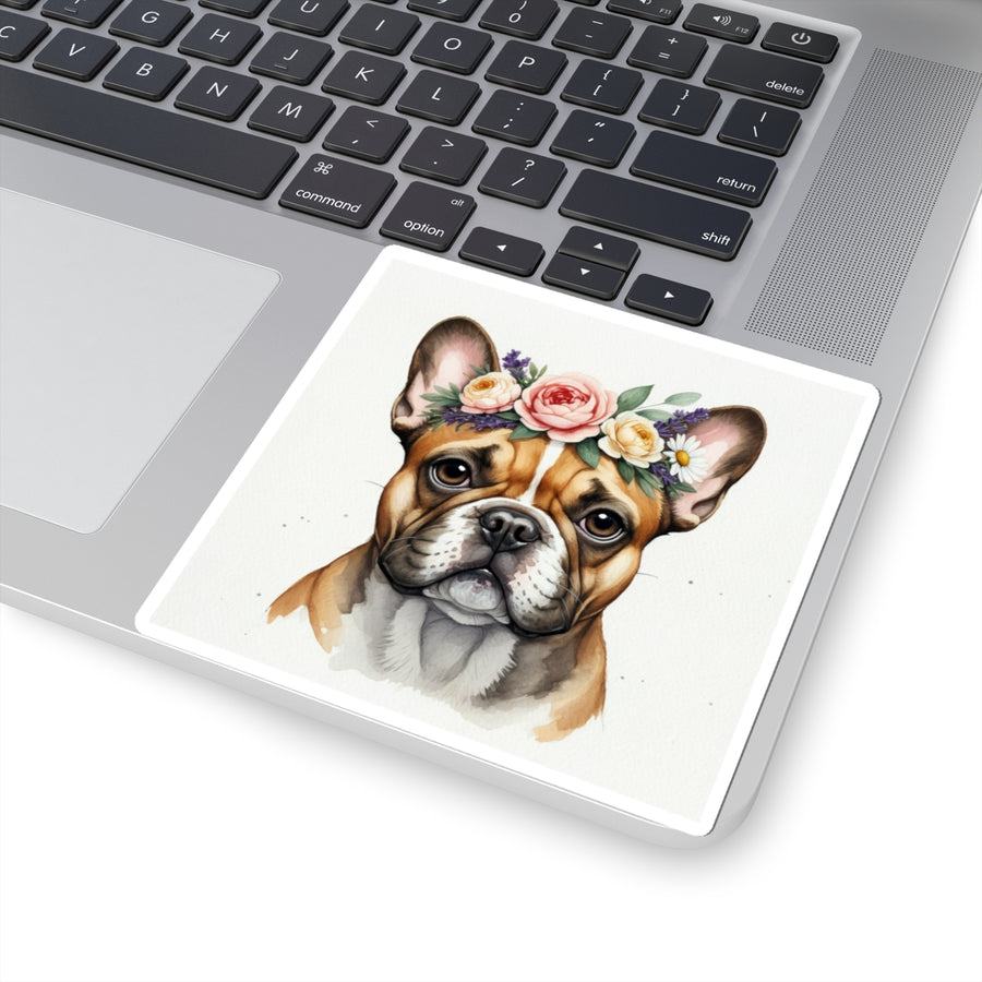 French Bulldog Watercolor Floral Crown Kiss-Cut Stickers | Premium Dog Prints | Tritan