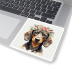 Dachshund Watercolor Floral Crown Kiss-Cut Stickers | Premium Dog Prints | Tritan