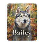 Personalized Siberian Husky sherpa fleece blanket, watercolor-style portrait with the dog's name across the lower part