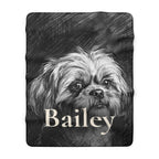 Personalized Shih Tzu sherpa fleece blanket, charcoal-style portrait with the dog's name across the lower part