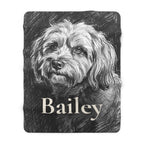 Personalized Havanese sherpa fleece blanket, charcoal-style portrait with the dog's name across the lower part
