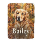 Personalized Golden Retriever sherpa fleece blanket, watercolor-style portrait with the dog's name across the lower part