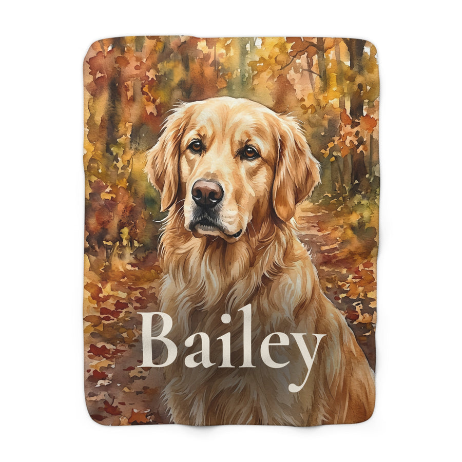 Personalized Golden Retriever sherpa fleece blanket, watercolor-style portrait with the dog's name across the lower part