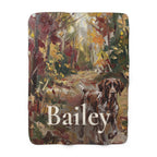 Personalized German Shorthaired Pointer sherpa fleece blanket, acrylic-style portrait with the dog's name across the lower part