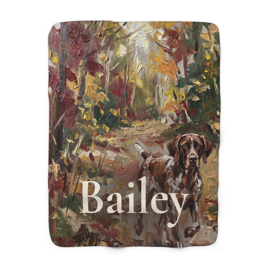 Personalized German Shorthaired Pointer sherpa fleece blanket, acrylic-style portrait with the dog's name across the lower part