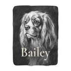 Personalized Cavalier King Charles Spaniel sherpa fleece blanket, charcoal-style portrait with the dog's name across the lower part