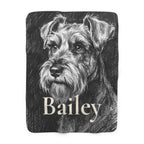 Personalized Miniature Schnauzer sherpa fleece blanket, charcoal-style portrait with the dog's name across the lower part