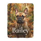 Personalized French Bulldog sherpa fleece blanket, watercolor-style portrait with the dog's name across the lower part