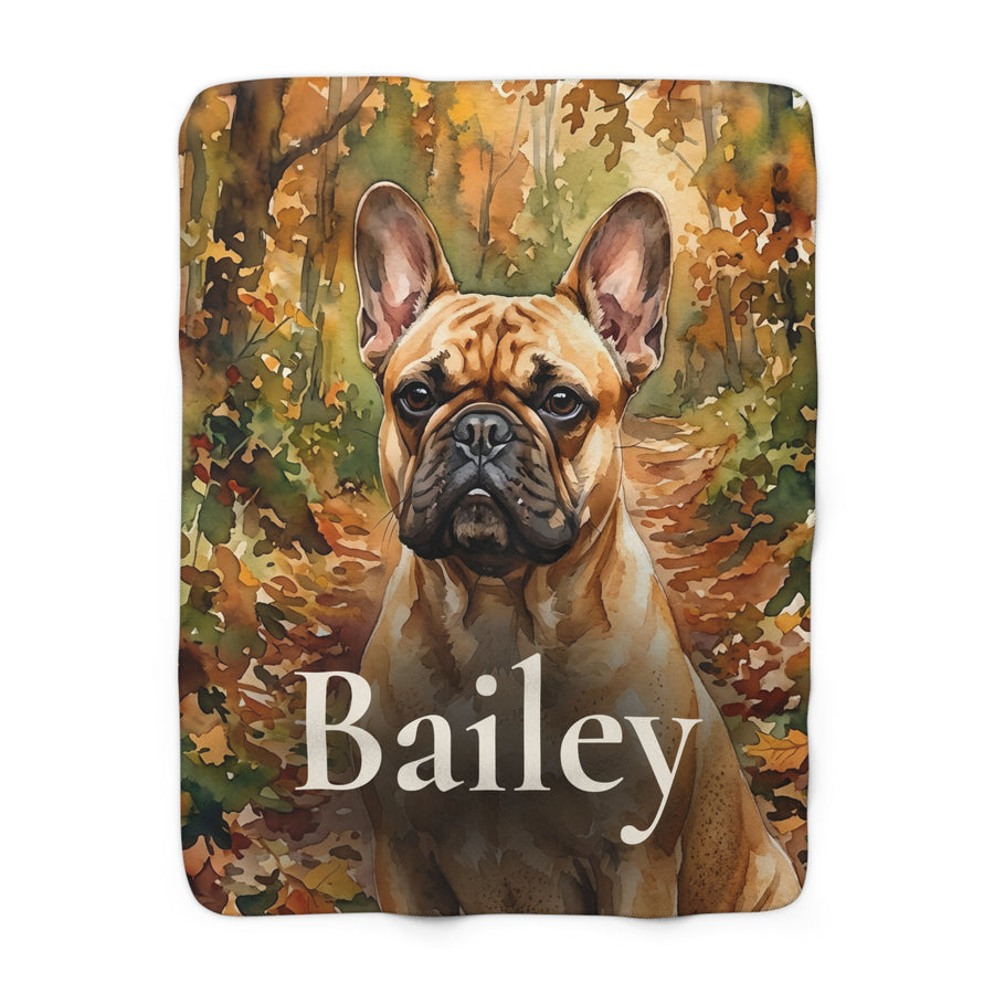 Personalized French Bulldog sherpa fleece blanket, watercolor-style portrait with the dog's name across the lower part