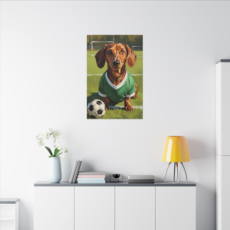 Dachshund Oil Painting Soccer Portrait Stretched Canvas Wall Art | Funny Dog Decor Gift | Pet Lover Home Art