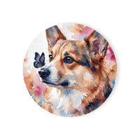 Corgi Watercolor Drink Coaster, Butterfly Bloom Dog Painting, Corgi Lover Gift - Round / 4" x 4" / Cork