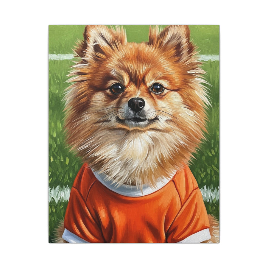 Pomeranian Soccer Portrait Oil Painting Canvas Wall Art | Pomeranian Gift | Dog Lover Decor | Pet Portrait Stretched Canvas Print