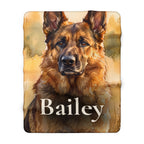 Personalized German Shepherd sherpa fleece blanket, watercolor-style portrait with the dog's name across the lower part