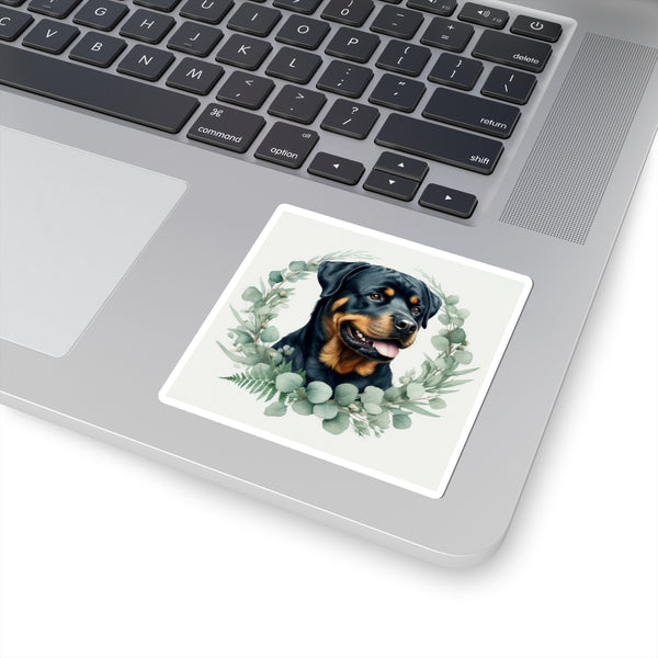 Rottweiler Watercolor Botanical Wreath Kiss-Cut Stickers | Premium Dog Prints | Tritan — Lifestyle View