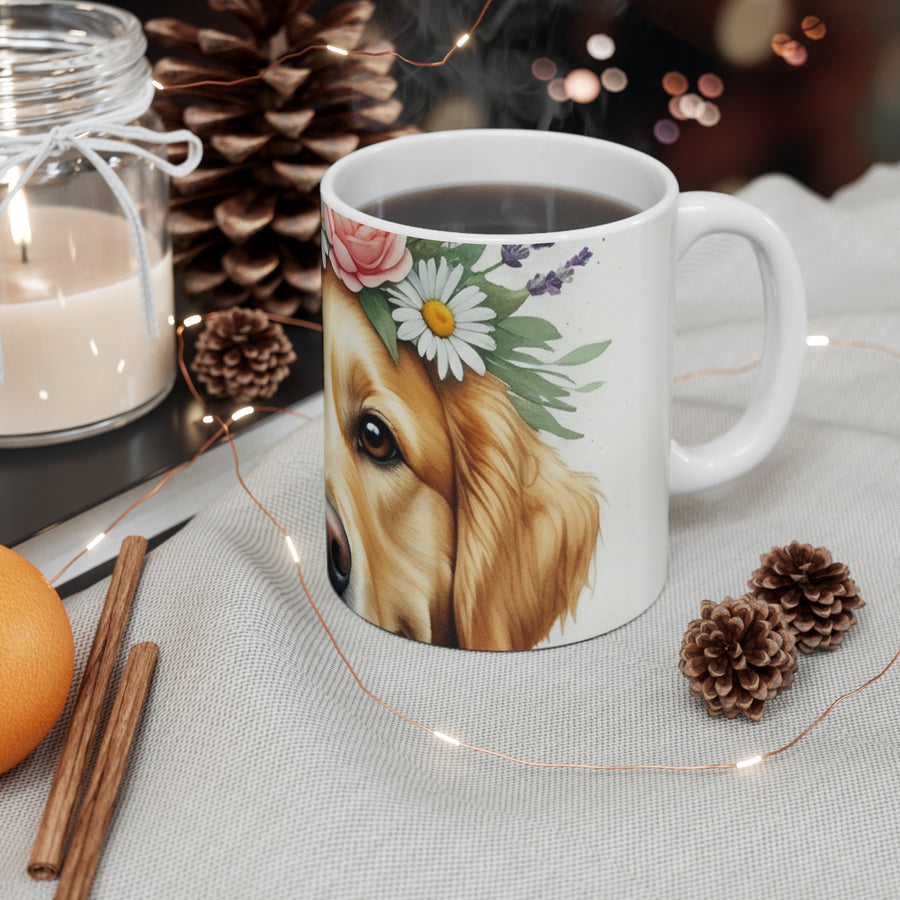 Golden Retriever Watercolor Floral Crown Ceramic Mug 11oz | Dog Lover Gift