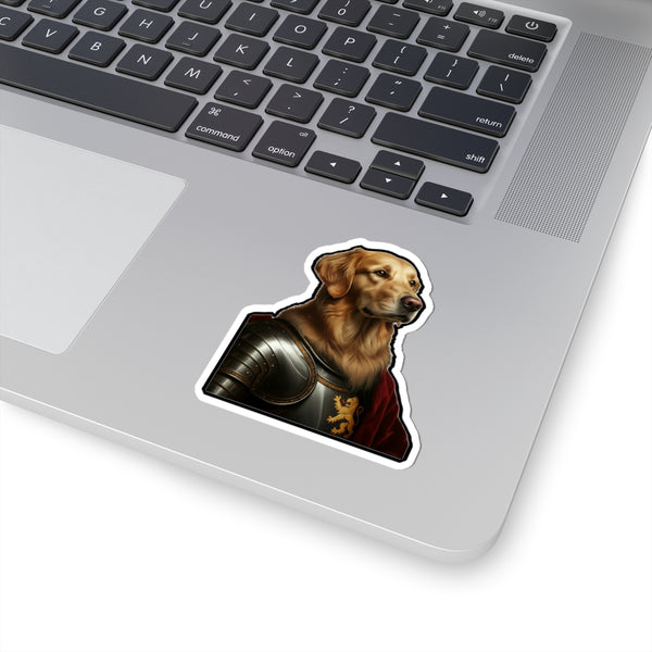 Golden Retriever Medieval Knight Portrait Sticker, Dog Portrait Vinyl Decal, Kiss-Cut Sticker, Golden Retriever Lover Gift — Lifestyle View