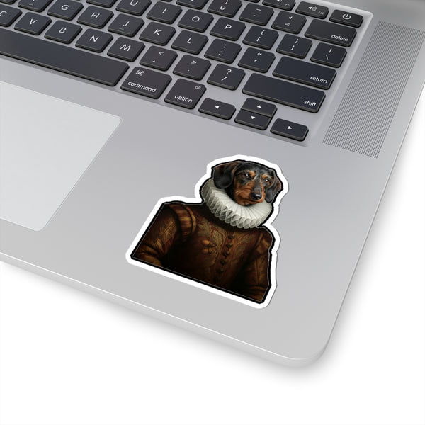 Dachshund Renaissance Royal Portrait Sticker, Dog Portrait Vinyl Decal, Kiss-Cut Sticker, Dachshund Lover Gift — Lifestyle View