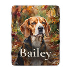 Personalized Beagle sherpa fleece blanket, watercolor-style portrait with the dog's name across the lower part